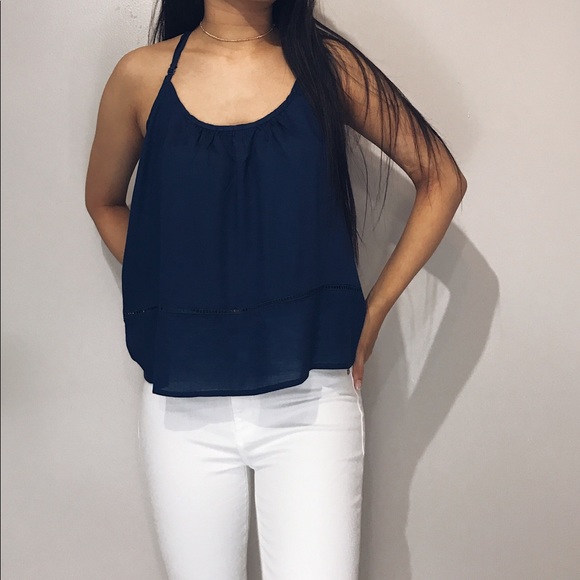 Dani - Navy Blue Crotchet Halter Tank Top - Picture 3 of 5